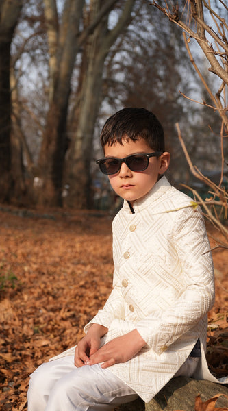 Luzito Sereno Sherwani for boys, showcasing royal ethnic wear with elegant design for weddings and festive occasions.