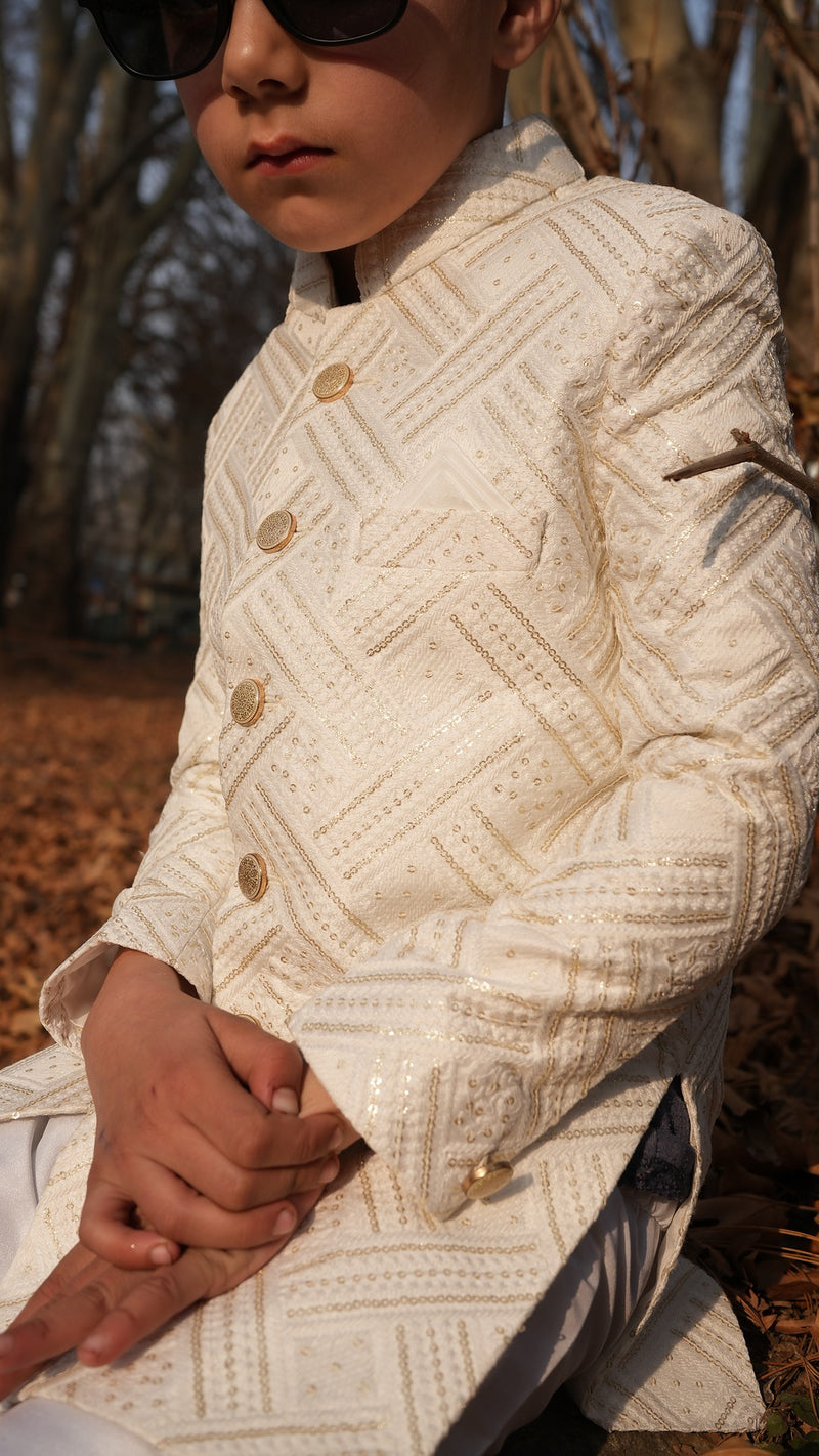 Boy wearing Sereno Sherwani, a royal ethnic outfit designed for weddings and festive occasions.