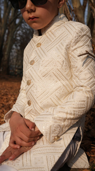Boy wearing Sereno Sherwani, a royal ethnic outfit designed for weddings and festive occasions.