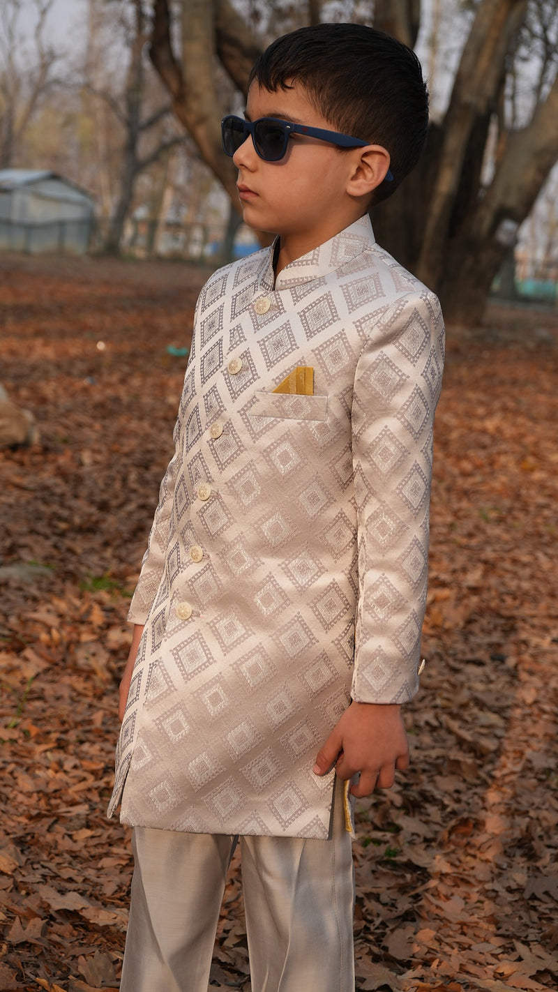 Front view of Luzito Azura Sherwani for boys featuring a refined ethnic silhouette and festive styling.