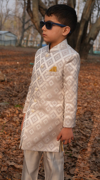 Front view of Luzito Azura Sherwani for boys featuring a refined ethnic silhouette and festive styling.