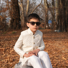 Side view of Luzito Sereno Sherwani highlighting tailored fit and comfortable design for young boys.