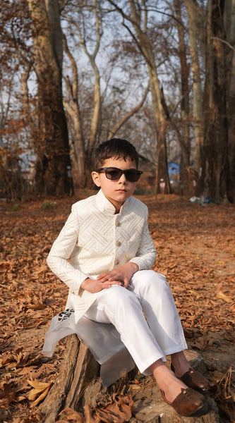 Side view of Luzito Sereno Sherwani highlighting tailored fit and comfortable design for young boys.