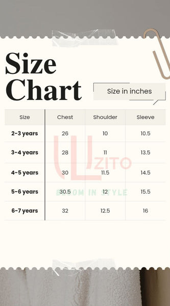 Luzito Fashion Size chart for children's clothing with measurements in inches, displayed against a neutral background.